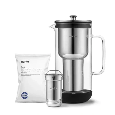Imagen de Aarke Purifier, Jarra Filtrante de Agua Fabricada en Vidrio y Acero Inoxidable, 2.4L, Bolsa recambio filtro Pure