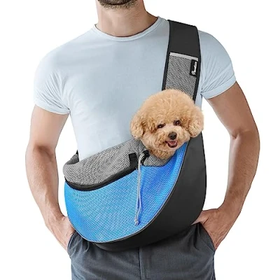 Imagen de Pawaboo Bolso Bandolera para Perros, Bolsa Portátil Mascotas con Correa Ajustable y Bolsillos, de Mensajero Transpirable Cómoda Cachorros Gatitos Viajar, M, Azul Claro