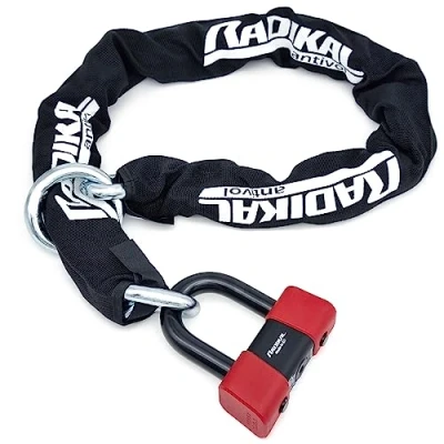 Imagen de RADIKAL RK48120L Cadena Premium Antirrobo Moto + Candado Disco Mini U ø13.5, 120cm Homologado Classe SRA, Cerradura Alta Seguridad, Antirobo Vesátil para Motocicleta, Scooter Bici Anclaje Parking