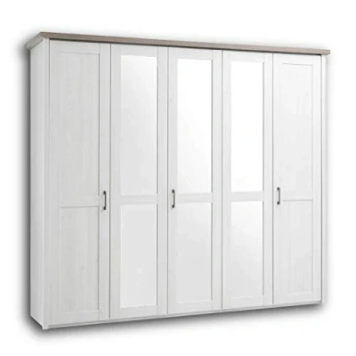 Imagen de Stella Trading LUCA Elegante armario de estilo rústico con 5 puertas batientes, versátil, 3 espejo en pino blanco/trufa, 241 x 212 62 cm (ancho/alto/profundo)
