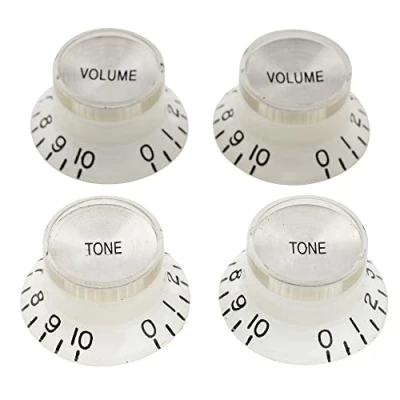 Imagen de Musiclily Pro Tamaño Métrico 18 Splines 2 Volume Tone Botones de Potenciómetros Reflector Knobs Perillas Set para Guitarra Eléctrica Epiphone Les Paul SG Style, Blanco con Plateado Top(Juego 4)
