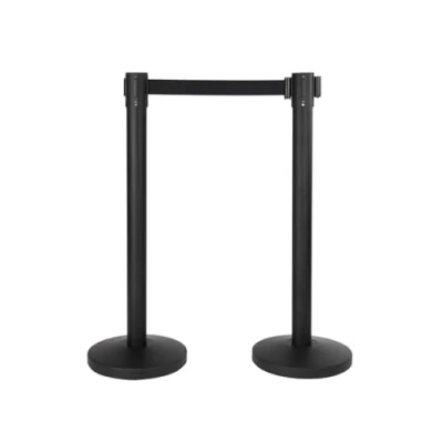 Imagen de SECURIT Set de 2 Postes Acero Inoxidable con Banda Retráctil Nylon + Base para Sistema Barrera Bar, Restaurante, Discoteca, Tienda H. 93 cm Color Negro