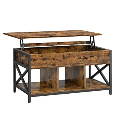 Imagen de VASAGLE Mesa de Centro con Tablero Elevable, Café, Compartimento Oculto y Compartimentos Abiertos, Marco Acero, 50 x 100 (46,5 62) cm, Marrón Rústico Negro LCT202B01