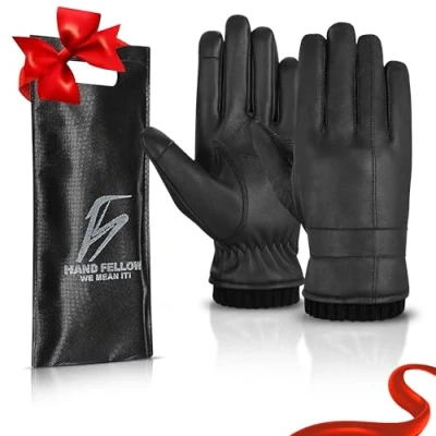 Imagen de Hand Fellow guantes de cuero genuino para hombre con forro polar pantalla táctil conducción invierno exteriores, Costilla negra, XL (M, Black Rib)