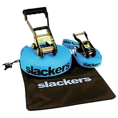 Imagen de Slackers USA Slackline Classic 15m, con Línea de Enseñanza Adicional, Pasamanos para Facilitar el Aprendizaje, Protección Trinquete, Bolsa, Ideal Niños y Familias, 980010