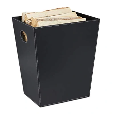 Imagen de Relaxdays Cesta para Leña Chimenea, Canasto Pellets de Polipiel, Transportar y Almacenar, con Asas, Negro