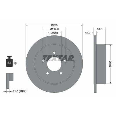 Imagen de TEXTAR PRO 92194003 Disco de freno 285 12 05/05 114,3 macizo revestido sin cojinete rueda, perno sujeción buje rueda
