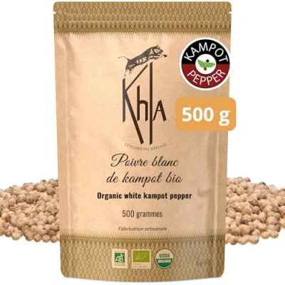 Imagen de Khla Pimienta Kampot Blanca Ecológica Sachet Vrac Granos 500g Recambio Molinillo Ingrediente de Cocina Directo del Productor Especia Asiática Origen Camboya