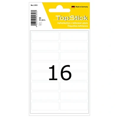 Imagen de TopStick 1353 Etiquetas multiusos pequeñas, paquete de 10 (13 x 40 mm, 50 hojas, papel, mate) autoadhesivas, pegatinas universales permanentes para rotulación a mano, 800 adhesivos blancas