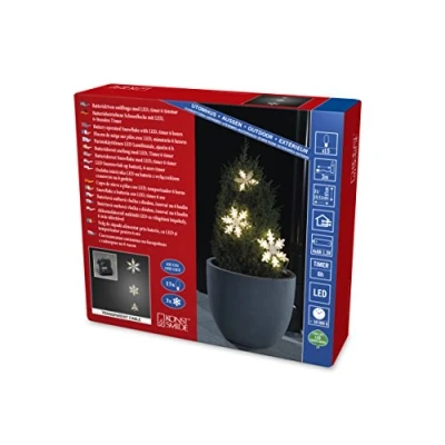 Imagen de Konstsmide 6132 103 Cortina de luz LED, 3 copos nieve acrílico/para exterior (IP44)/temporizador/15 diodos blancos, funciona con pilas: 4 x AA 1,5 V (No Incluidas.) /Cable transparente