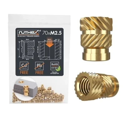 Imagen de ruthex Inserto roscado M2,5 70 casquillos roscados de latón RX M2,5x5.7 tuerca inserción para piezas plásticas moleteada embutir en impresora 3D por calor