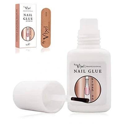 Imagen de 8g By Vixi PEGAMENTO PARA UÑAS ULTRAFUERTE con PINCEL y LIMA de GRATUITA Adhesivo transparente secado instantáneo, calidad salón belleza profesional