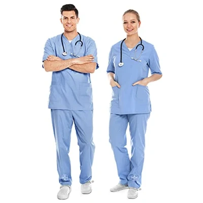 Imagen de AIESI® Uniforme Sanitario Hombre Mujer de algodón 100% sanforizado Pantalones y Casaca con Cuello en V (3XL, AZUL CLARO)