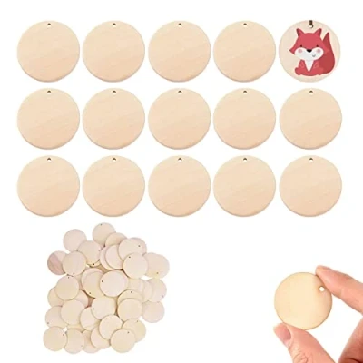 Imagen de 50 Piezas Discos de Madera Redondo, Rodajas Natural con Agujero,Circulo sin Terminar para Manualidades Decoración Bodas Navidad,Diametro 4cm