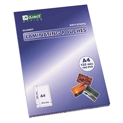 Imagen de D.RECT Láminas Para Plastificar, Brillante, Transparente, Tamaño A4, 125 Micras, Paquete de 100 Unidades, Laminación, Material Oficina