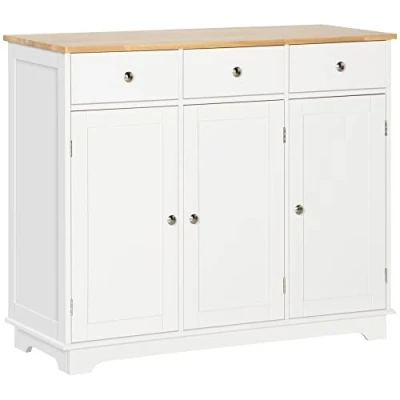 Imagen de HOMCOM Aparador de Cocina con 3 Cajones Puertas y Estantes Ajustables Mueble Auxiliar Almacenaje para Comedor Salón Estilo Moderno Antivuelco 101x40x85 cm Blanco