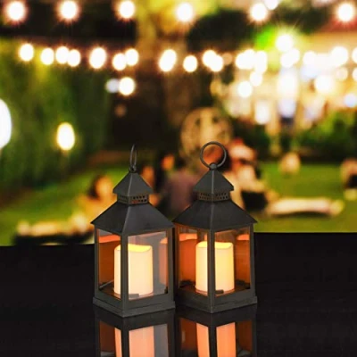 Imagen de Relaxdays Set de Dos faroles LED jardín, Vela con Efecto Llamas, Iluminación Exterior, Colgante o pie, 23 cm, Negro