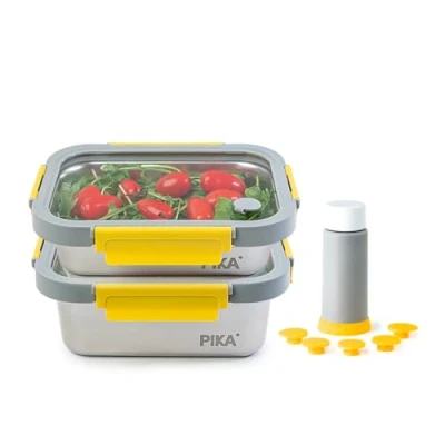 Imagen de PIKA Juego de 2 cajas alimentos al vacío acero inoxidable + bomba envasado 820 ml 1200 Microondas, horno, congelador Ligero y hermético