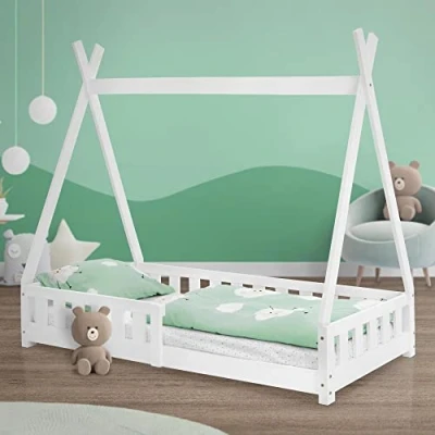 Imagen de ML Design Cama Infantil Tipi 80x160 cm con Protección Anticaída y Somier Estructura Listones de Madera Pino Maciza Color Blanco Forma Casa Mobiliario Juego Tienda Campaña