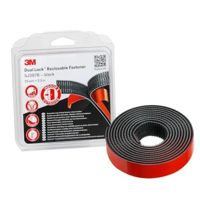 Imagen de 3M Dual Lock SJ387B, sistemas de cierre reposicionable, óptima adhesión a la mayoría las pinturas en polvo, metales, vidrio, madera sellada, acrílico, ABS 25mm x 2.5m, negro, 6.1mm (1 unidad)