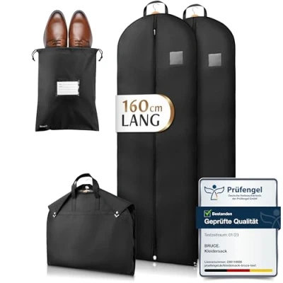 Imagen de Bruce.® 2x Fundas Ropa Armario 160x60cm con 1x Bolsa de Zapatos, Antipolillas Almacenaje 120 GSM, Porta trajes Caballero o Mujer para Viaje, Bolsas Guardar Colgada Cremallera