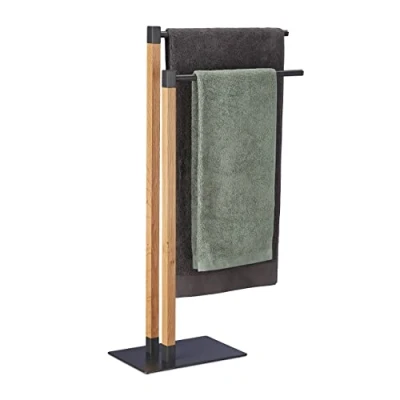 Imagen de Relaxdays Independiente Toallero de Pie, Soporte Toallas Bambú, 2 Brazos, Tendedero Baño Madera, 83,5 x 51,5 20 cm, Marrón Natural
