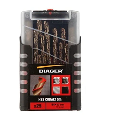 Imagen de DIAGER brocas HSS 5% Cobalt Estuche de 25 Resistencia y vida útil mejoradas Diámetro 1 mm a 13 mm/0,5