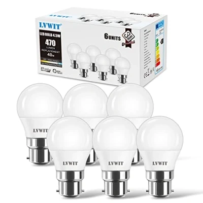 Imagen de LVWIT Bombillas LED Golf B22, 4.5W Equivalente a 40W, Color Blanco Frío 6500K, 470Lm, No regulable, Pack de 6 unidades.
