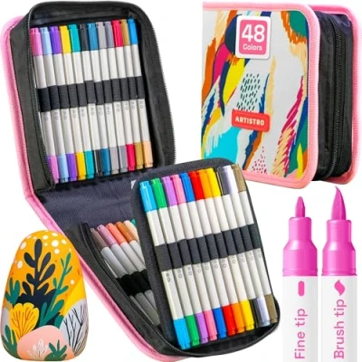 Imagen de ARTISTRO Rotuladores de pintura acrílica, set artístico, marcadores acrílicos doble punta, para tela, lienzo, piedra, vidrio, madera, papel, bricolaje (doble punta + fina, 48).