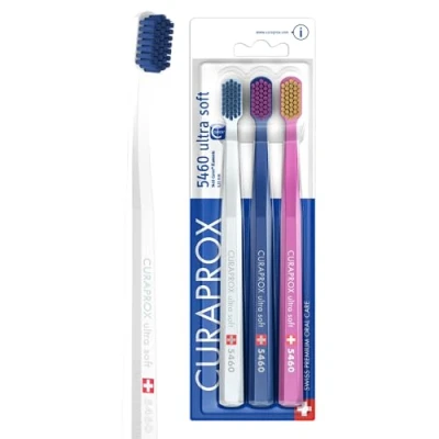 Imagen de Curaprox Juego de Cepillos Dentales CS 5460 Paquete 3 Manuales Ultra Suaves para Adultos con Cerdas CUREN Super Blanco, Azul Oscuro, Rosa