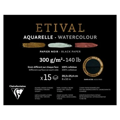 Imagen de Clairefontaine 975322C Un bloc encollé 1 côté de papier dessin Etival 15 feuilles 20,3x25,4 cm 300g double grains (recto grain fin et verso torchon), Noir