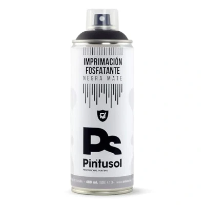 Imagen de PINTUSOL Imprimación Fosfatante Negra Mate en Spray, Primer Pintura Antioxidante Metal, Alta Adherencia Fácil Aplicación, Secado Rápido, Aparejo Hierro Acero Negro Profesional Espray 400ml