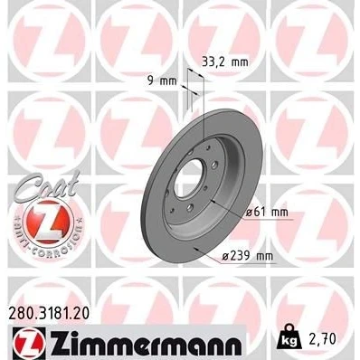 Imagen de ZIMMERMANN COAT Z 280.3181.20 Disco de freno 239 9 8/4 4 100 macizo revestido HONDA: Jazz 3