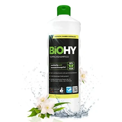 Imagen de BiOHY Champú para alfombras (1 botella de 1 litro) Limpiador concentrado elimina las manchas rebeldes bien tolerado por los animales amigable con materiales (Teppichshampoo)