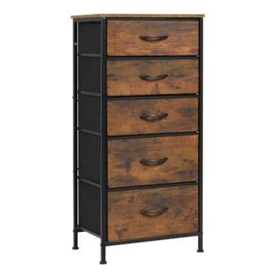 Imagen de WOLTU Comoda Dormitorio, Cómoda con 5 Cajones de Tela, Cajonera Dormitorio para Armario, Salón, Pasillo, Almacenaje Estructura Metálica y MDF, Marrón Rústico, SSK004hov