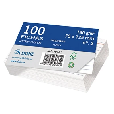 Imagen de Dohe 30361 Pack de 100 fichas rayadas cartulina blanca, 180 g, nº 2, 75 x 125 mm