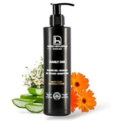 Imagen de Homo Naturals Gel de Ducha y Champú Hombre sin Sulfatos ni Parabenos, BIO Baño Champu 2 en 1 Uso Frecuente Con Aloe Vera Orgánico Vegano 250 ml