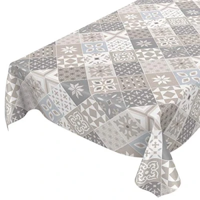 Imagen de ANRO Mantel de hule lavable con aspecto azulejos, color beige, gris y azul, 100 x 140 cm