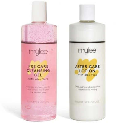 Imagen de Mylee Kit de cuidado pre y después (2 x 500 ml) Loción limpiadora para la piel crema hidratante calmante depilación, enriquecida con aloe vera