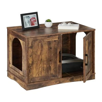 Imagen de Relaxdays XL Mueble Arenero para Gatos con 2 Puertas, Entradas, Estilo Industrial, 50x75,5x50 cm, Armario Mininos, Marrón, Tablero de Fibras