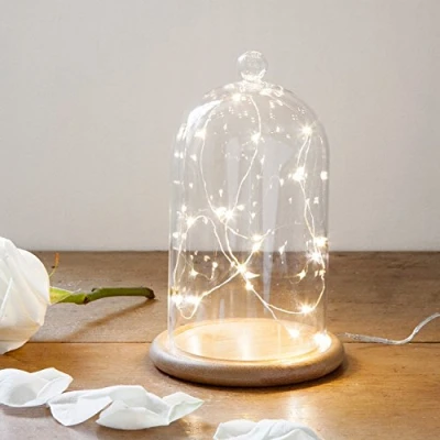 Imagen de Lights4fun Campana de Cristal Alta 19cm con Base Bambú y Micro LED Luz Blanca Cálida