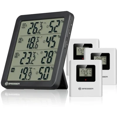 Imagen de Bresser Termohigrómetro Quadro NV con 4 puntos de medición, sensor integrado y 3 sensores inalámbricos, indicador confort sonrisa, memoria mín./máx., IP44