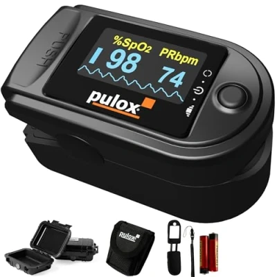 Imagen de PULOX PO 200 Set Amarillo Pulsioxímetro con accesorios de dedo para medir el pulso y la saturación oxígeno en