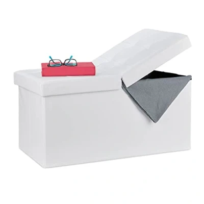 Imagen de Relaxdays Baúl Almacenamiento, Banco Almacenaje, Puff Asiento, Otomana, Cuero Sintético, 39 x 75 37 cm, 1 Ud, Blanco