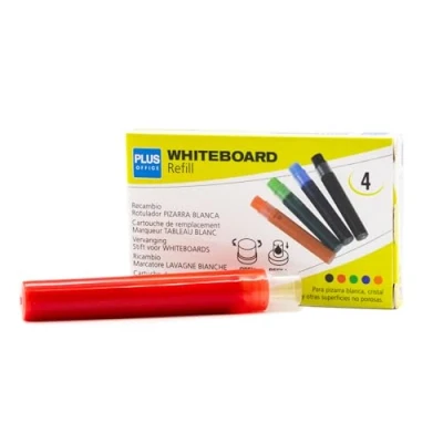 Imagen de Plus Office Rotuladores de Pizarra Blanca con Tinta Liquida Recargable, Punta 2mm, Ideal para Escribir en Cristal, y Otras Superficies Lisas, Borrable (Rojo, Recambio)