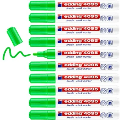 Imagen de edding 4095 marcador de tiza verde claro 10 rotuladores punta redonda 2 3 mm para cristal borrables pizarras, vidrio y espejos líquida cobertura opaca