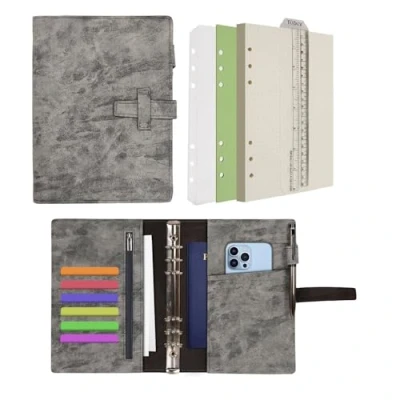 Imagen de Wonderpool Carpeta de Cuero A5 6 Anillas Papel Punteado Organizador Recargable Cuaderno Escritura y Funda con Múltiples Bolsillos Para Viajes Estudio Negocios (A5, Gris)
