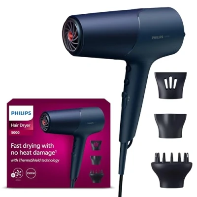Imagen de Philips Secador de Pelo Serie 5000, 2300w, con Tecnología ThermoShield, Boquilla UltraEstrecha, Estrecha y Disfusor, BHD510/20, Negro