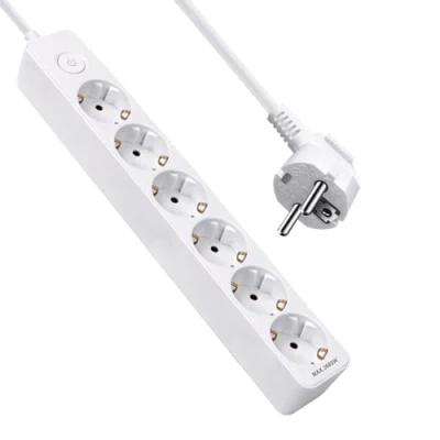 Imagen de EXTRASTAR Regleta Alargador con 6 Enchufes e Interruptor, Tomas, Cable 1.4M, para el Hogar, Oficina y Viajes, 16A, 250V, MAX 3680W, Blanco