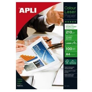 Imagen de APLI 11833 Papel fotográfico Photo Colour Laser doble cara , A4, pack de 100 hojas, 210 g, para impresoras láser